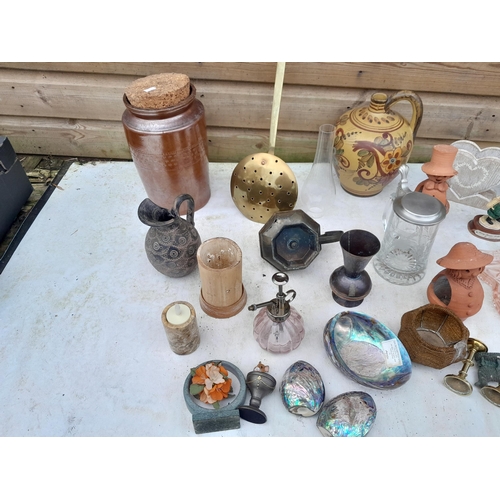 254 - Box of decorative china and glassware : chestnut roaster, Portuguese wine vessel, shell art etc.