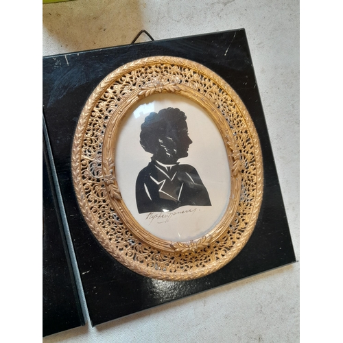 278 - 3 x 20th century silhouettes in gilded metal frames : Mastroanni, Nell Gwyn & one other