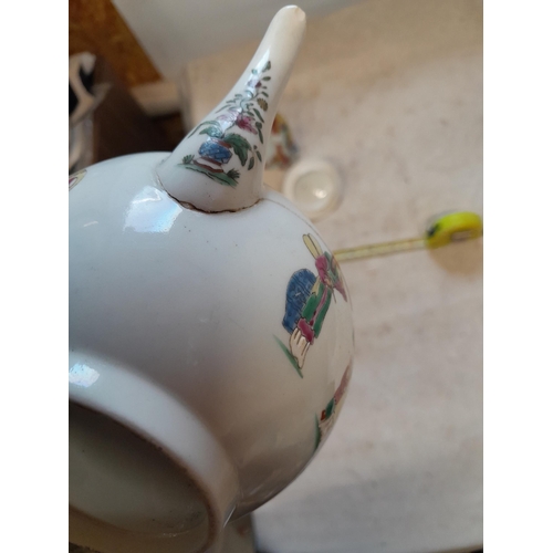 285 - Very damaged 18th century Chinese porcelain bullet shape teapot & modern Chinese pottery figure