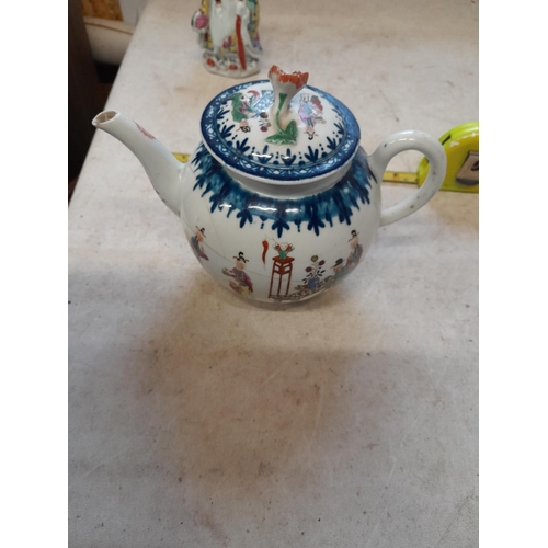 285 - Very damaged 18th century Chinese porcelain bullet shape teapot & modern Chinese pottery figure