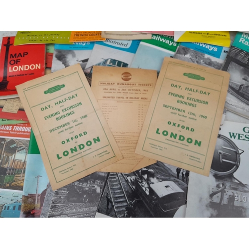 358 - Mixed array of railway ephemera : timetables, magazines, re schedule notices, tourist information et... 