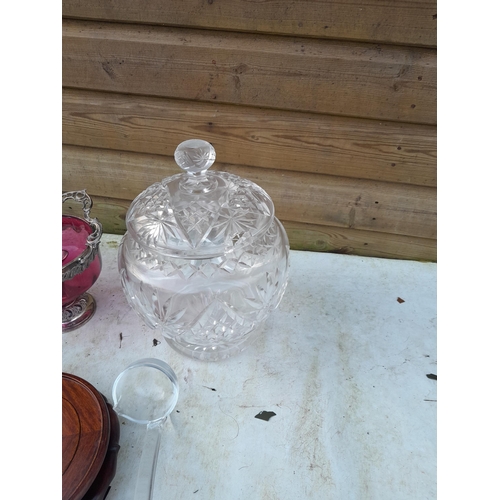 21 - Cut glass punch bowl lid and ladle & cranberry glass & plate dish