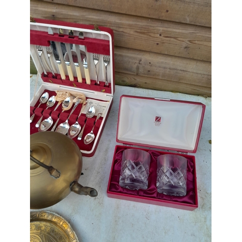 22 - Assorted brassware, cutlery in presentation boxes etc.