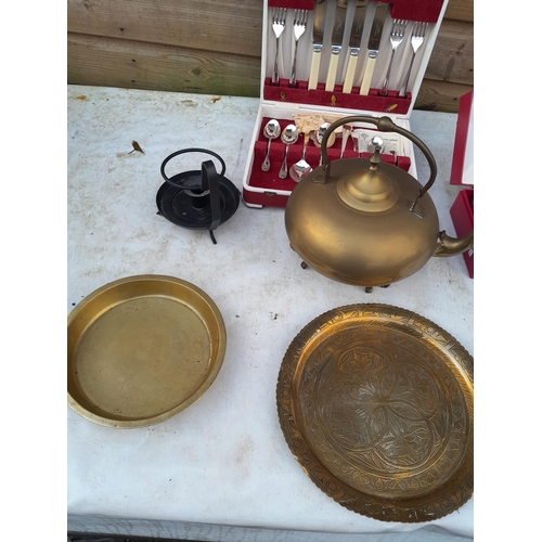 22 - Assorted brassware, cutlery in presentation boxes etc.