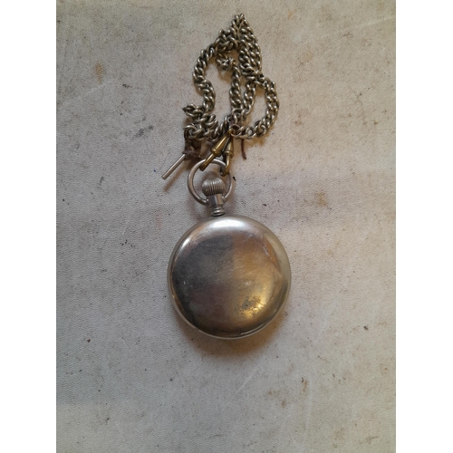 49 - Vintage plated pocket watch on plated chain stamped warranted on T Bar fob by Cortebert