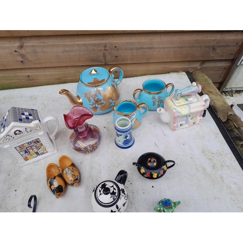 85 - Decorative china teapots, enamel ware, kitchenalia, Gibson Pottery etc.