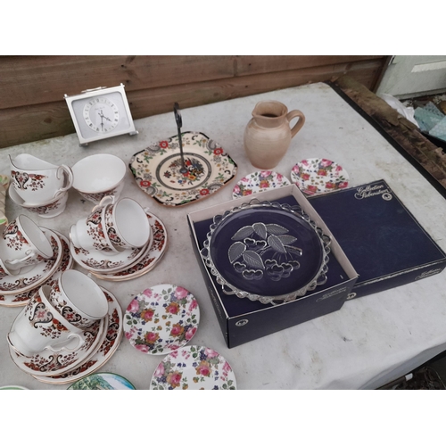 98 - Assorted decorative tea ware, Colclough, glassware, mantle clock etc.