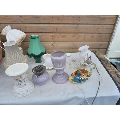 113 - Assorted table lamps, Studio Pottery lamp and Victorian paraffin lamp