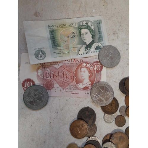 135 - Coins : GB and foreign mainly base metal coinage in mahogany instrument box & £1 & 10 Shilling note