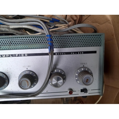 163 - Public Address system PA 539, Leak Stereo 30, box of electrical components & glass dish