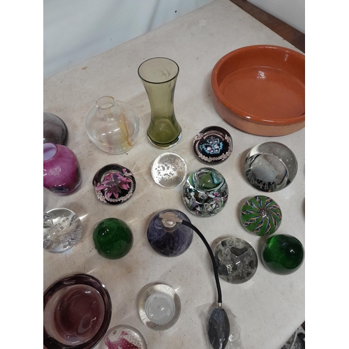 166 - Good array of paperweights, vases, scent bottle & atomiser from late 1970s onwards, mainly Caithness... 