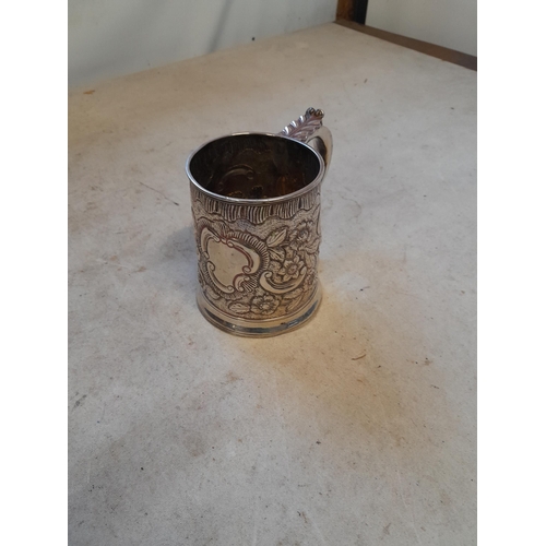 174 - Georgian silver tankard with later Victorian floral decoration, Acanthus leaf sprig and hoof handle ... 