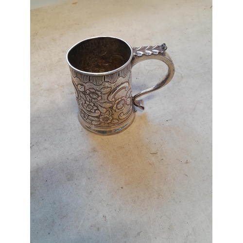 174 - Georgian silver tankard with later Victorian floral decoration, Acanthus leaf sprig and hoof handle ... 