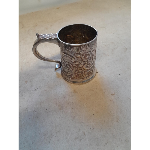 174 - Georgian silver tankard with later Victorian floral decoration, Acanthus leaf sprig and hoof handle ... 