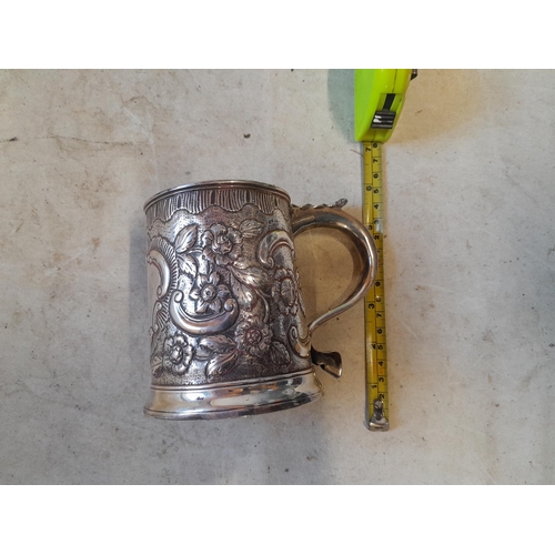 174 - Georgian silver tankard with later Victorian floral decoration, Acanthus leaf sprig and hoof handle ... 