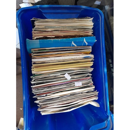 256 - Box of assorted vinyl record singles : commercial pop from 1960s onwards and other themes