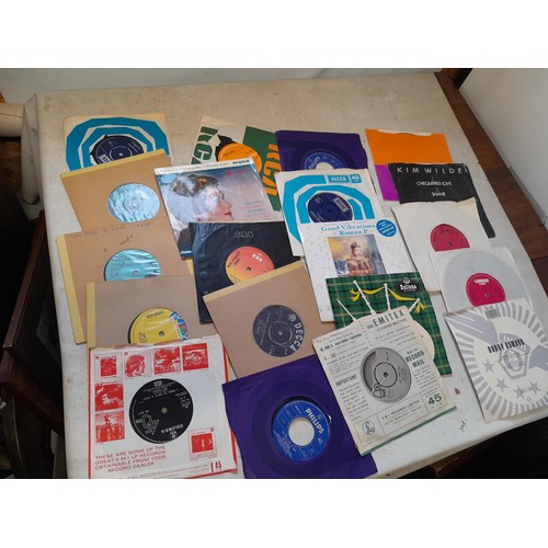 256 - Box of assorted vinyl record singles : commercial pop from 1960s onwards and other themes