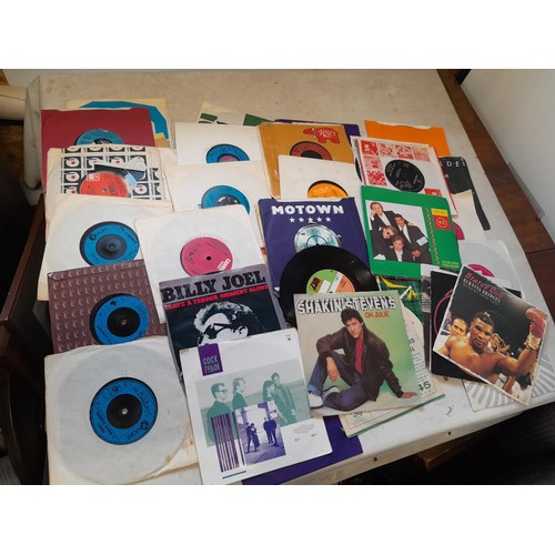 256 - Box of assorted vinyl record singles : commercial pop from 1960s onwards and other themes