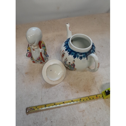 299 - Very damaged 18th century Chinese porcelain bullet shape teapot & modern Chinese pottery figure