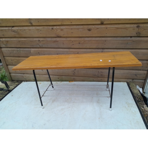 307 - Small furniture : retro coffee table,  baize top card table, folding tray top table & mahogany wine ... 