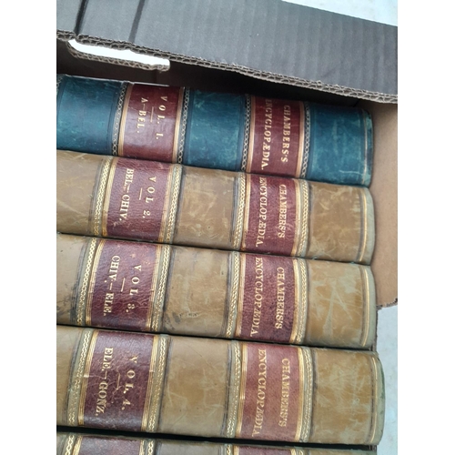 335 - Complete set of ten volumes of Chambers Encyclopaedia , 1860 edition bound in 1/4 calf, some foxing ... 