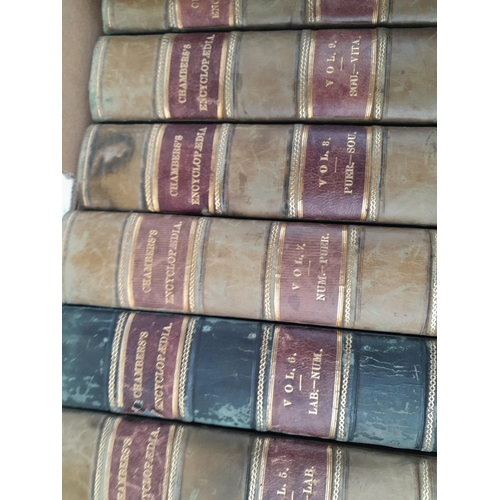 335 - Complete set of ten volumes of Chambers Encyclopaedia , 1860 edition bound in 1/4 calf, some foxing ... 