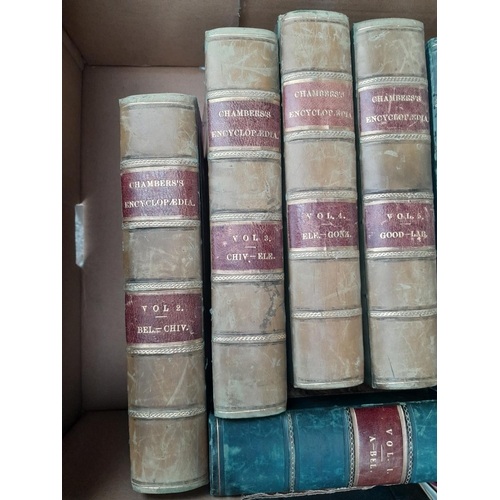 335 - Complete set of ten volumes of Chambers Encyclopaedia , 1860 edition bound in 1/4 calf, some foxing ... 