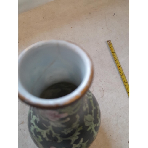 438 - Very interesting Chinese Famille Rose vase of baluster form terminating on tripod feet, with dark gr... 
