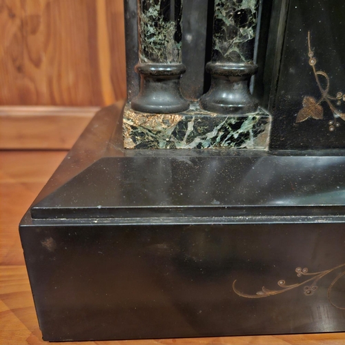 458 - Late Victorian slate mantle clock 35cm w x 15.2cm d x 32cm h pendulum and key present. Strikes hour ... 