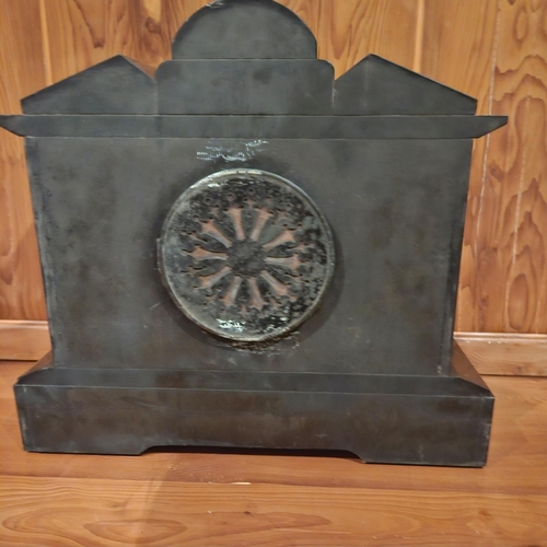 458 - Late Victorian slate mantle clock 35cm w x 15.2cm d x 32cm h pendulum and key present. Strikes hour ... 