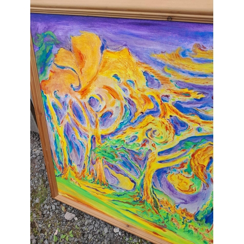 613 - Acrylic on board By T M Mitchell, Deer in the Woods, framed, 100 cms x 90 cms