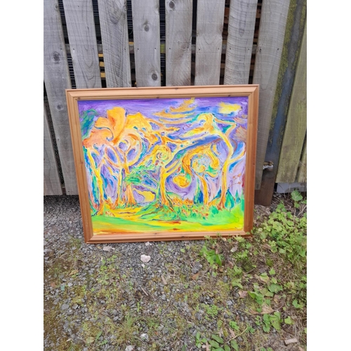 613 - Acrylic on board By T M Mitchell, Deer in the Woods, framed, 100 cms x 90 cms