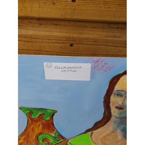 616 - Acrylic on board by T M Mitchell Pelagroo Castle 44 cms 38 cms with a copy of the Knights of Pelagro... 