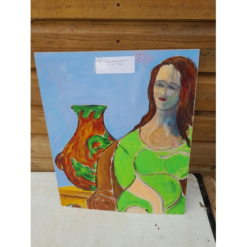 616 - Acrylic on board by T M Mitchell Pelagroo Castle 44 cms 38 cms with a copy of the Knights of Pelagro... 