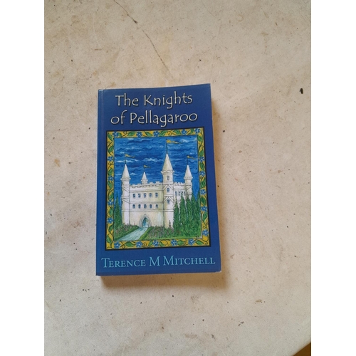 616 - Acrylic on board by T M Mitchell Pelagroo Castle 44 cms 38 cms with a copy of the Knights of Pelagro... 