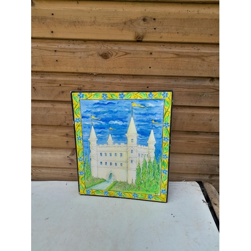 616 - Acrylic on board by T M Mitchell Pelagroo Castle 44 cms 38 cms with a copy of the Knights of Pelagro... 