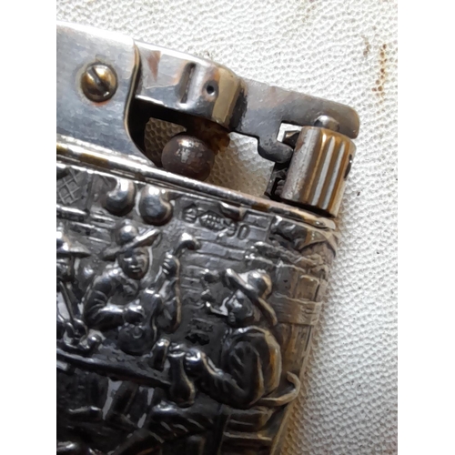 660 - Baby Myflam with foreign hallmarked silver jacket, depicting tavern scene on front and floral motifs... 