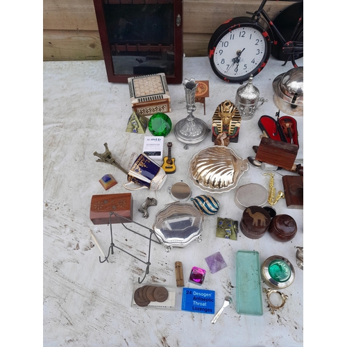 12 - Assorted decorative china : Swarovski owl, bicycle clock, coins silver plate etc.