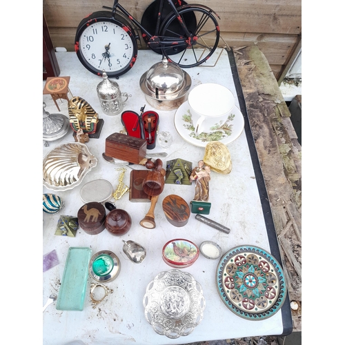 12 - Assorted decorative china : Swarovski owl, bicycle clock, coins silver plate etc.