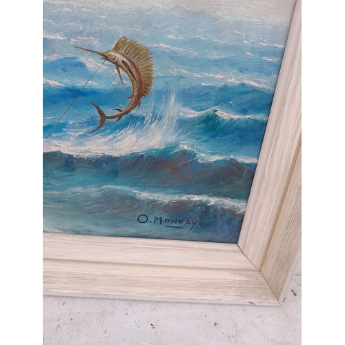 105 - Vintage oil on canvas by Oswaldo Moncayo (1923 - 1984) oil on canvas, Fisherman with a Catch, framed