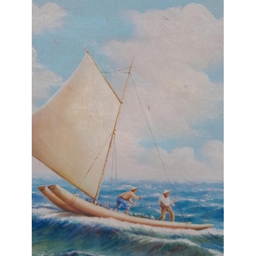 105 - Vintage oil on canvas by Oswaldo Moncayo (1923 - 1984) oil on canvas, Fisherman with a Catch, framed