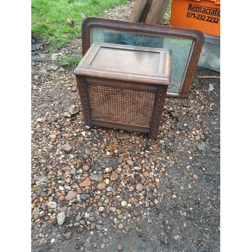 114 - Edwardian inlaid overmantel mirror & vintage oak case speaker