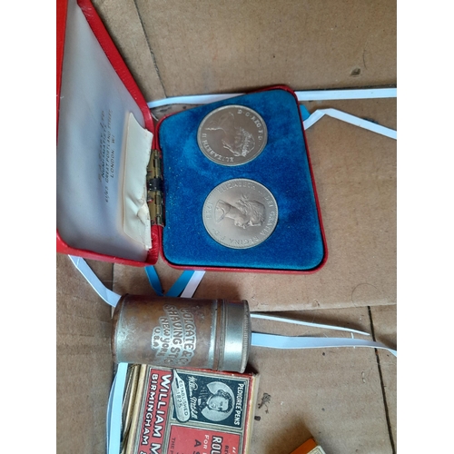 155 - Coins, books, military valve case, studio pottery etc.