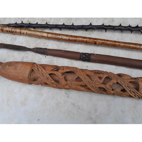 2 - Collection of various walking sticks, African spear, ceremonial stick etc.