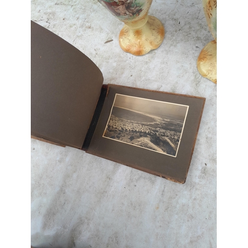 3 - Vintage olive wood photograph album partially filled with black and white snap shots of the Holy Lan... 