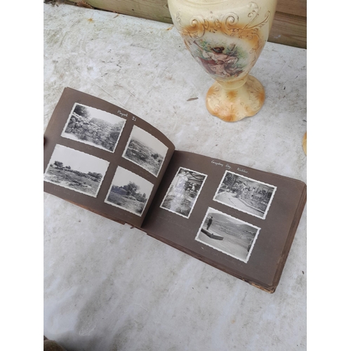 3 - Vintage olive wood photograph album partially filled with black and white snap shots of the Holy Lan... 