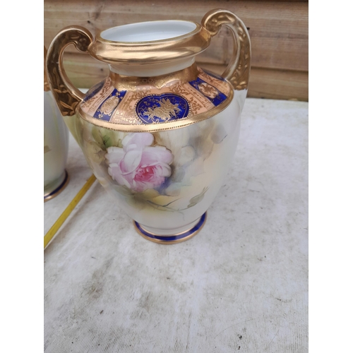 37 - Pair of nice quality Noritake vases with floral hand painted decoration, gilding good and overall in... 