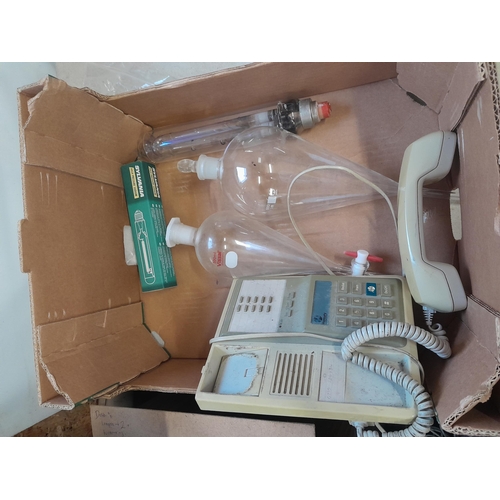 198 - Assorted lab glass, telephone and large valve