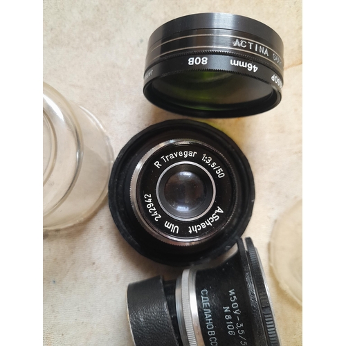 130 - Camera lenses : A Schacht R Travegar 1:3 5/ 50 lens, Russian 3.5/50 lens