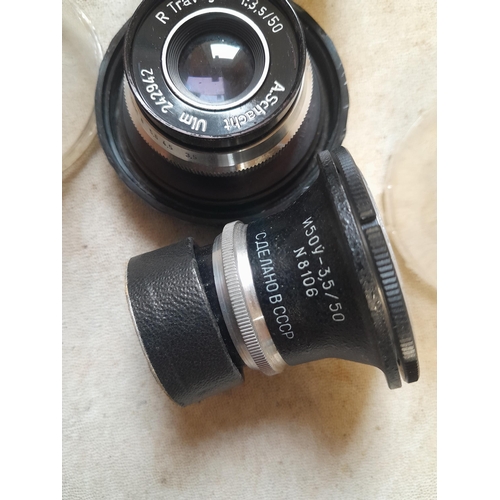 130 - Camera lenses : A Schacht R Travegar 1:3 5/ 50 lens, Russian 3.5/50 lens